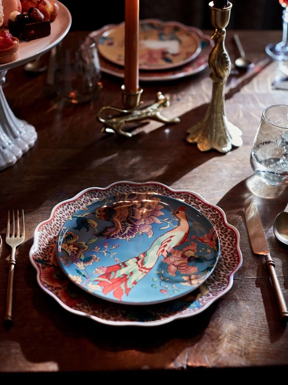 Anthropologie House of Hackney Blue and Red Peacock Porcelain Dessert Plate